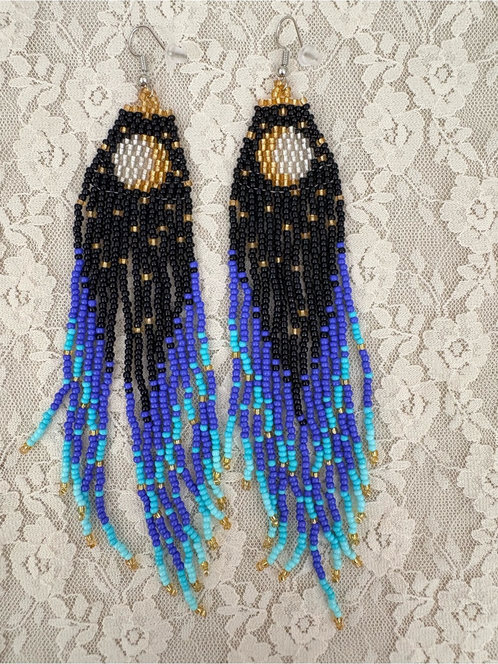 Starry Sky | Handmade | Beaded Fringe Earrings | Black, Blue, Turquoise & Gold